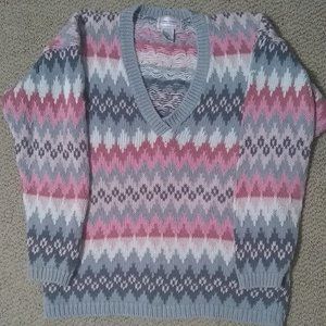 V neck argyle ramie cotton pull over sweater